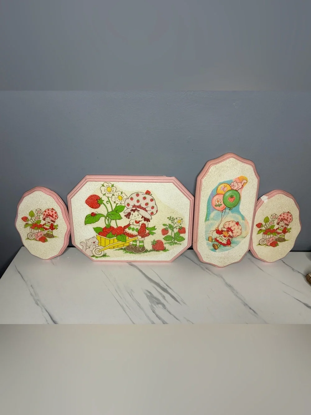 1983 Strawberry Shortcake Wall Plaques Set of 4 Handmade Glitter Decor